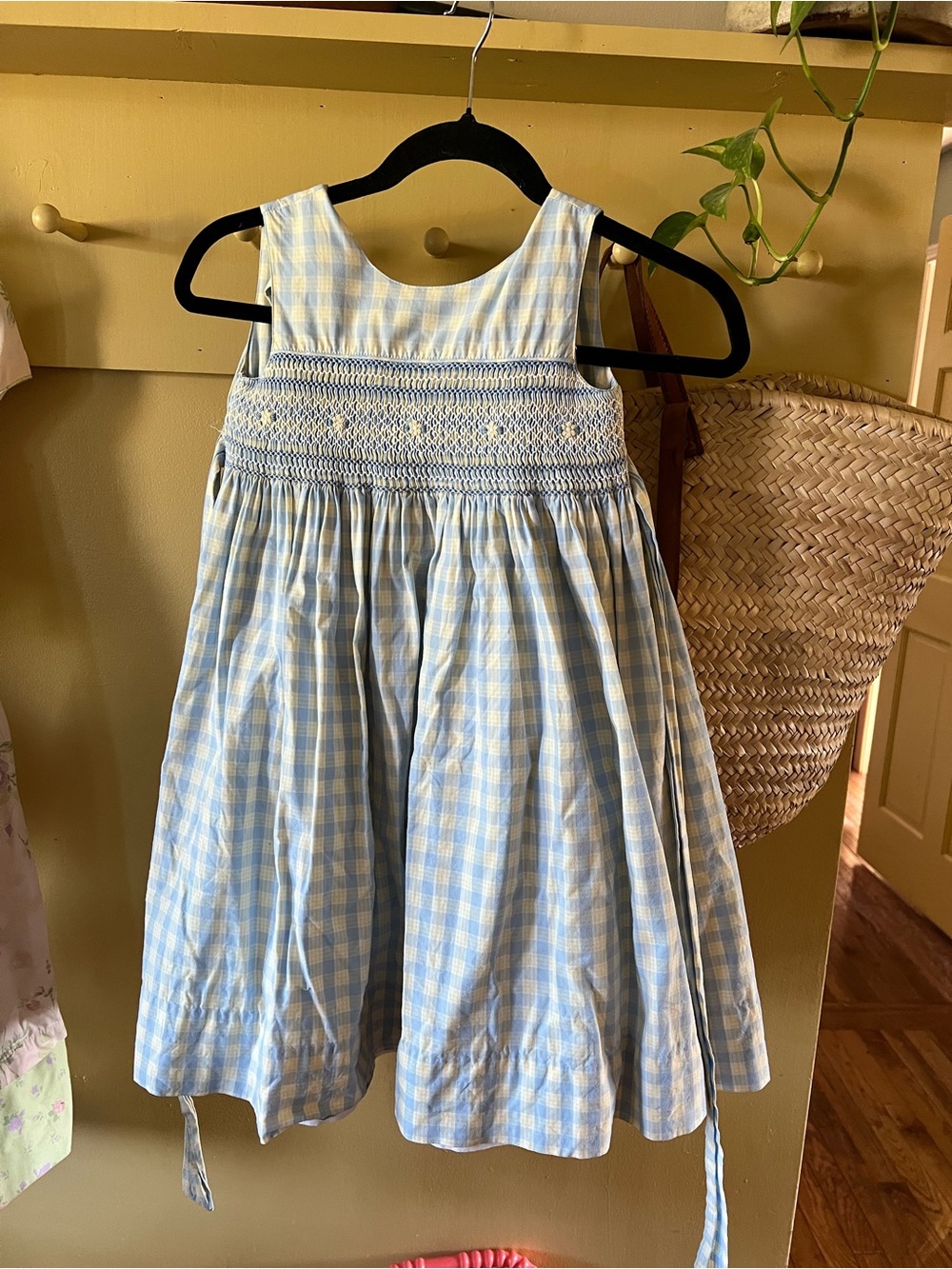 Strasburg Yellow and Light Blue Gingham Smocked Girls Dress